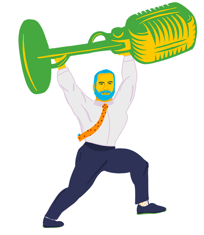 Illustration of William Ostrander lifting microphone